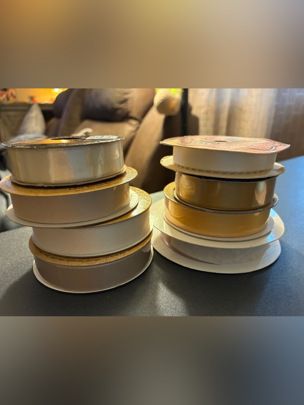 Mixed Ribbon Spools in Cream, Gold, and White mostly 5/8”